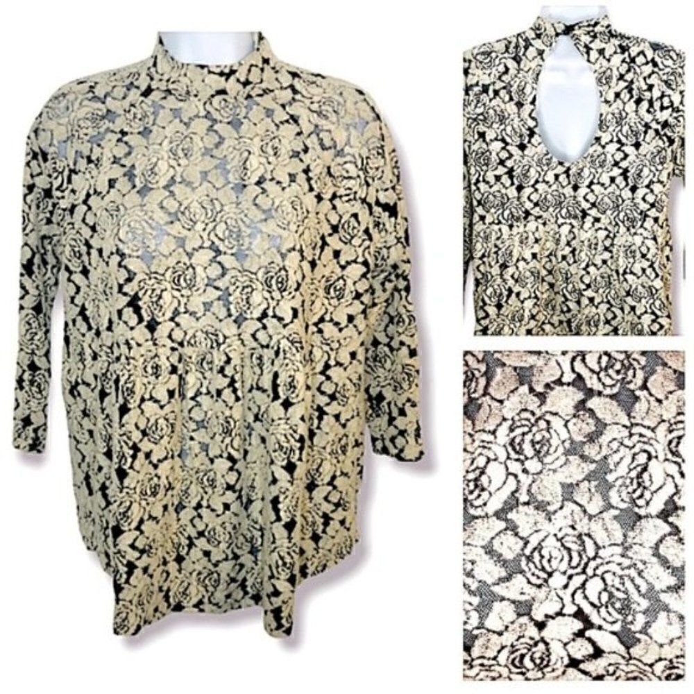 Mesh Floral Top Ivy Jane Rose Lace Netting Blouse Cream Black XS